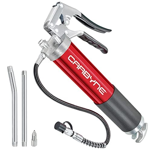 Carbyne Grease Gun - Pistol Grip, 7500 PSI, Heavy Duty Professional Quality, Anodized Aluminum Barrel. 18" HD Flex Hose w/Spring, 6" Straight & 6" Angled Tube, Coupler & Needle Noze, 3-Way Loading