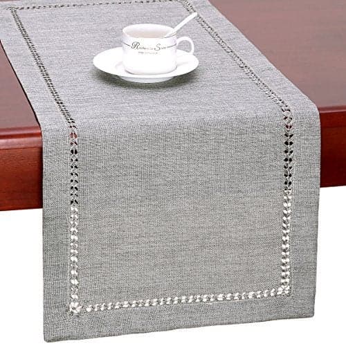 Grelucgo Handmade Hemstitch Gray Dining Table Runner Or Dresser Scarf, Rectangular 14 by 60 Inch