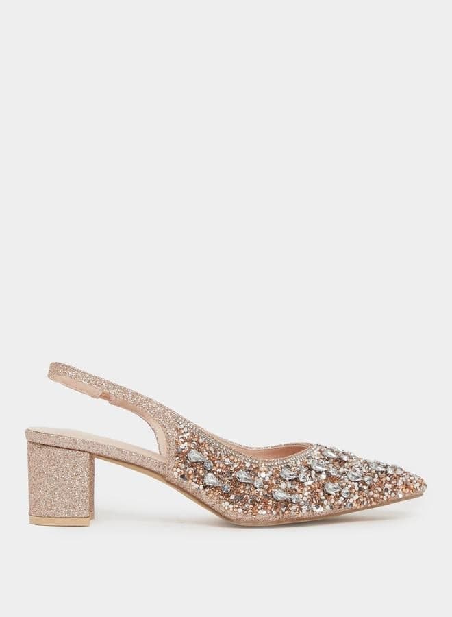 Copper Glitter Embellished Slingback Sandals — 41