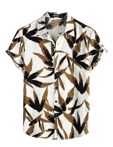 VATPAVE Mens Casual Hawaiian Floral Shirts Short Sleeve Button Down Tropical Shirts Beach Summer Shirts Small White Brown