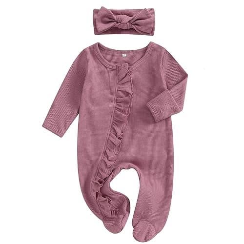 Ayalinggo Baby Girl Fall Winter Outfits - Knit Jumpsuit Ruffle Romper Coming Home Outfit (mitten cuff Jumpsuit Purple)