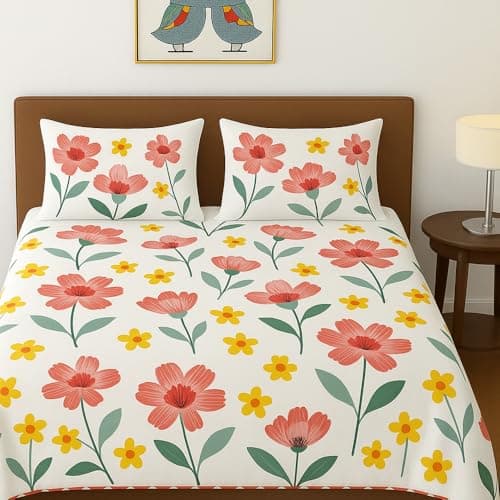 VAS COLLECTIONS 100% Cotton Feel Double Bed Bedsheet Set | 144 TC Soft & Breathable | Mint Green White Flower Print with 2 Pillow Covers | Wrinkle Free | for Bedroom (90 x 90 Inches)