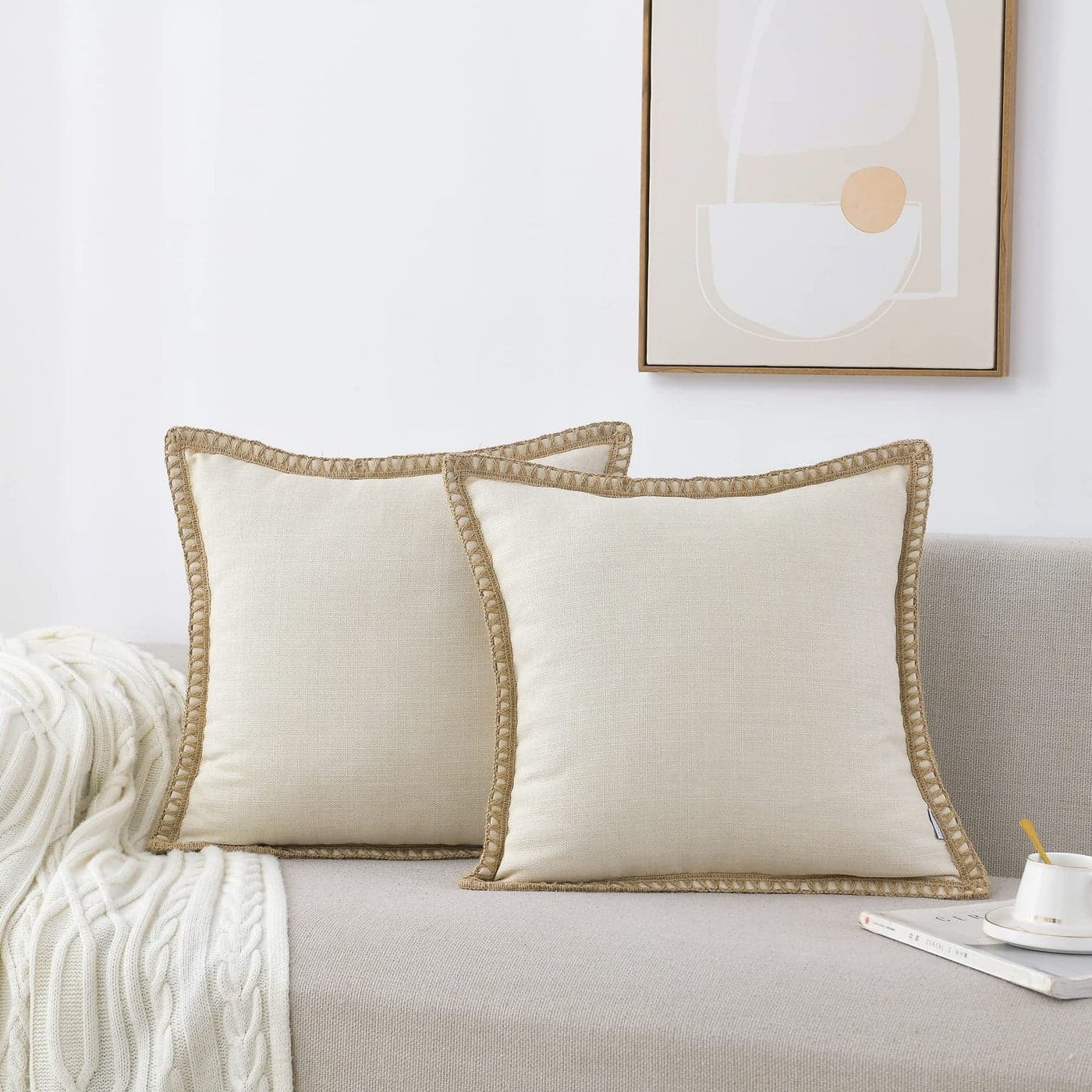 NordECO HOME Set of 2 Throw Pillow Covers Burlap Linen Trimmed Tailored Edges Decorative Cushion Covers for Bed Home Decoration 18 x 18 Light Beige