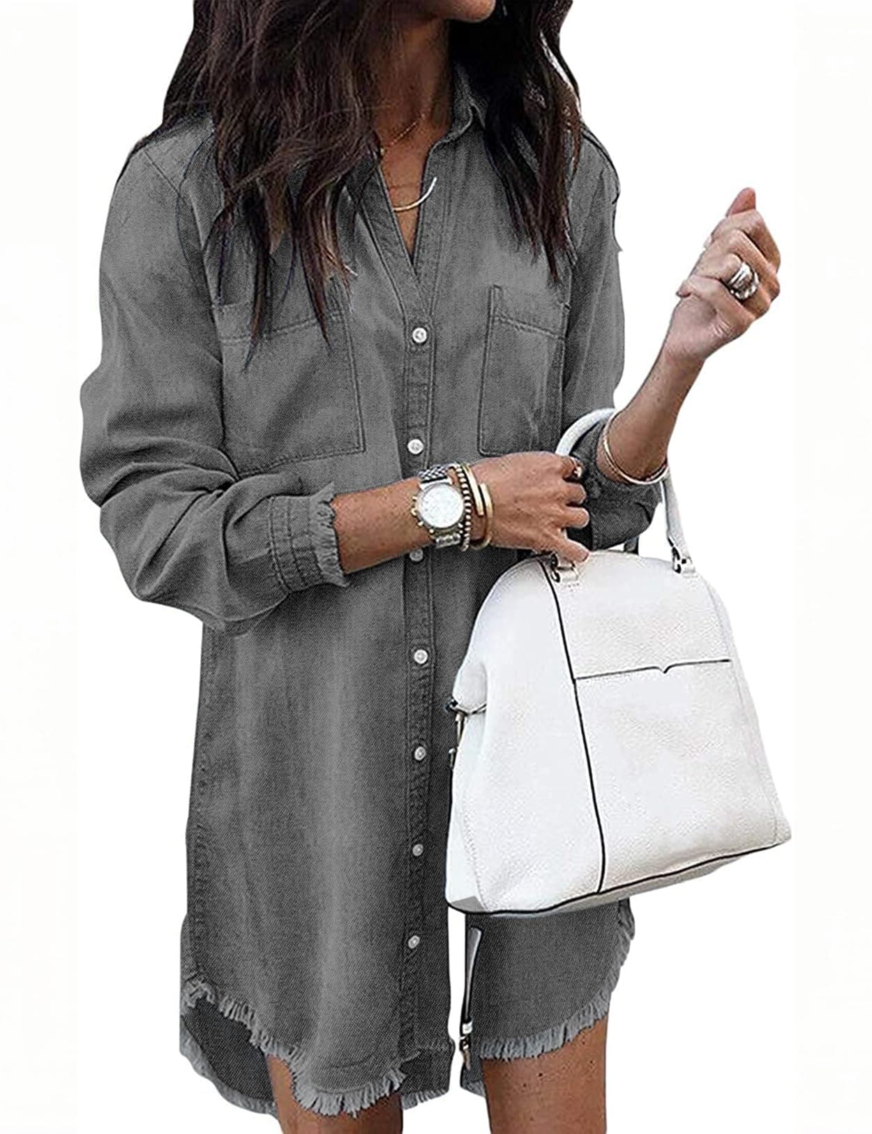 Zilcremo Women Denim Shirt Dresses Long Sleeve Distressed Jean Dress Button Down Casual Tunic Top Grey XL