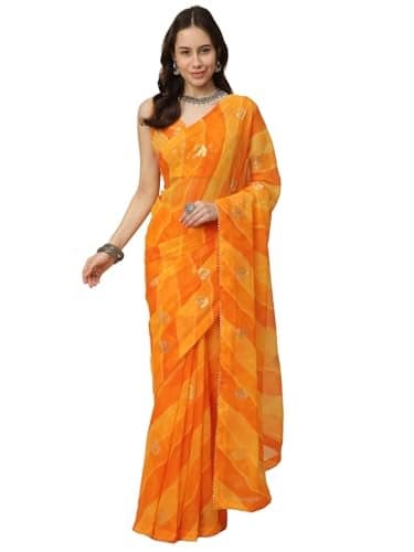 RATAN Women's Shimmer Georgette Leheriya Printed Saree with Embroidered Blouse Piece (GLL-BP-21887_Yellow)