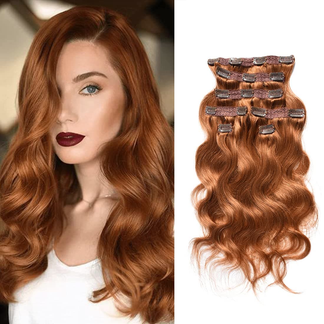 viviaBella Body Wave Clip in Human Hair Extensions Copper Red 16 Inches 120 Gram Human Hair human hair clip in extensions Brazilian Virgin Hair Double Weft 7Pcslot 16 Clips 120g 16 Copper Red