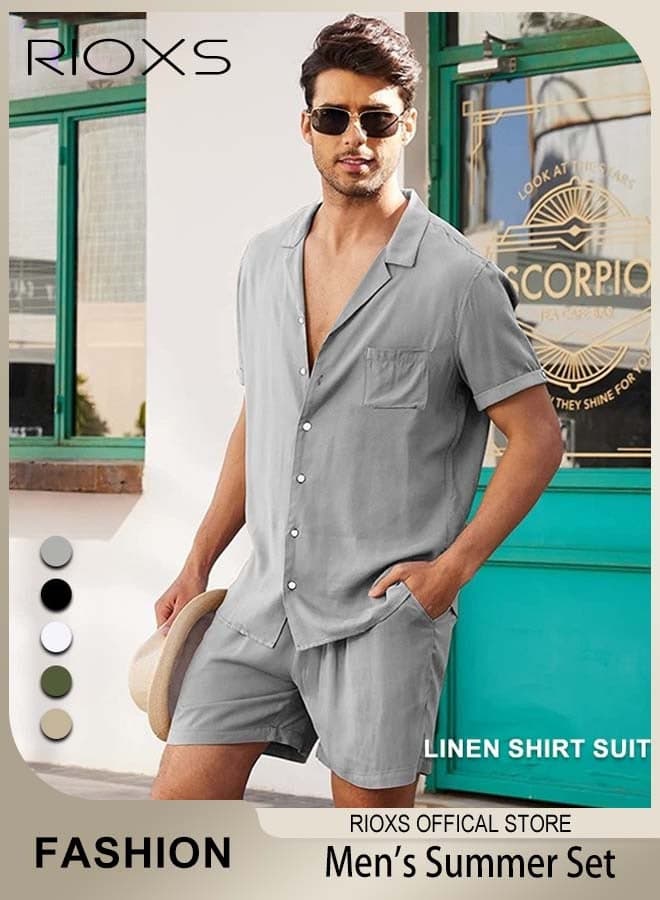 Men's Button-Down Shirts, Casual 2 Piece Outfits with Pockets, Lightweight, Breathable Beach Outfit, Crafted from High-quality Cotton Linen Blend, Perfect for Daily Wear, Sports, Party, Fitness, Working or Traveling