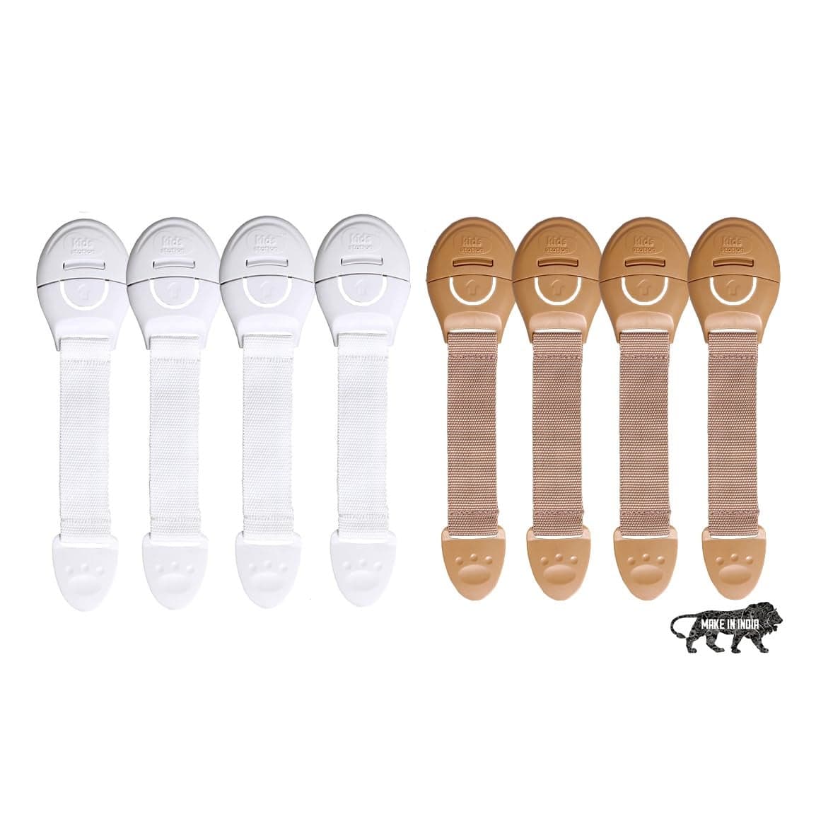 Kids Station Furniture Safety Locks for Kids, Pack of 4 Beige + 4 White, Made in India Child Safety, Locks for Drawers, Cabinets, Fridge, Cupboard Lock, Strong and Adhesive Safety Locks