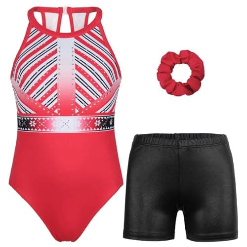 MODAFANS Gymnastics Leotards for Girls With Shorts Tumbling Dance Clasp Back Activewear Celebrate Red,12-13Years