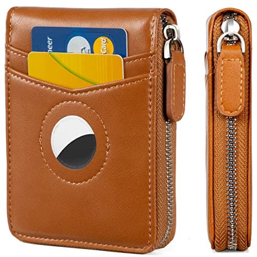 Huztencor AirTag Wallet, Mens Wallet Zipper RFID Slim Leather RFID Credit Card Wallet with Built-in Case Holder for Apple AirTag Oil Brown