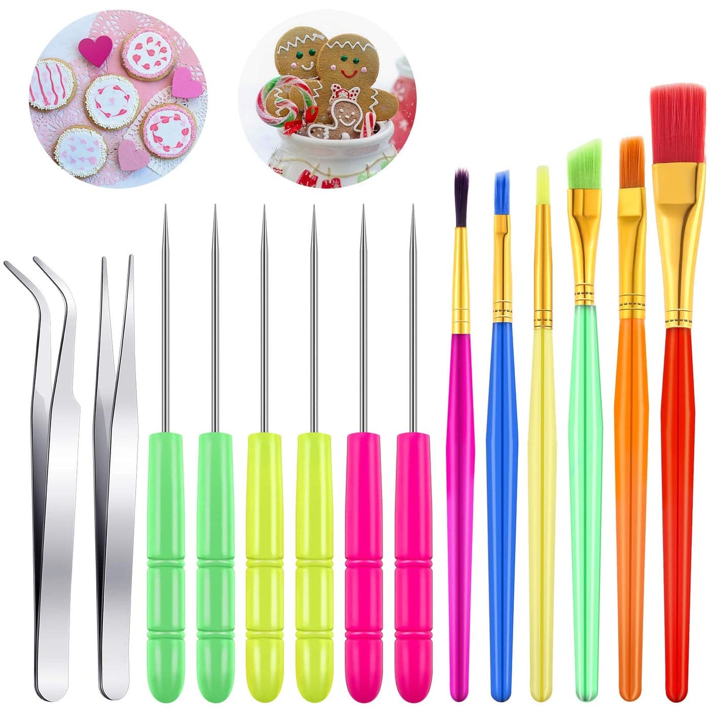 Patelai 14 Pcs Cookie Decorating Tools Set Fondant Cake Decorating Brushes Scribe Cookie Tool Sugar Stir Needle Baking Elbow and Straight Tweezers for Sprinkles Supplies for Fondant