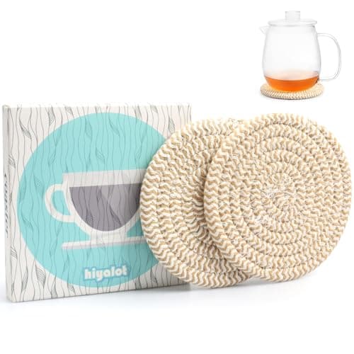 4.8" Drink Cotton Coasters Set of 2 – Boho Woven Drink Pads for Coffee & Tea, Neutral Sandstone Blend Fabric Cup Mats for Desk, Table, Nightstand, Dorm, Giftable Absorbent Coaster Set (Latte)