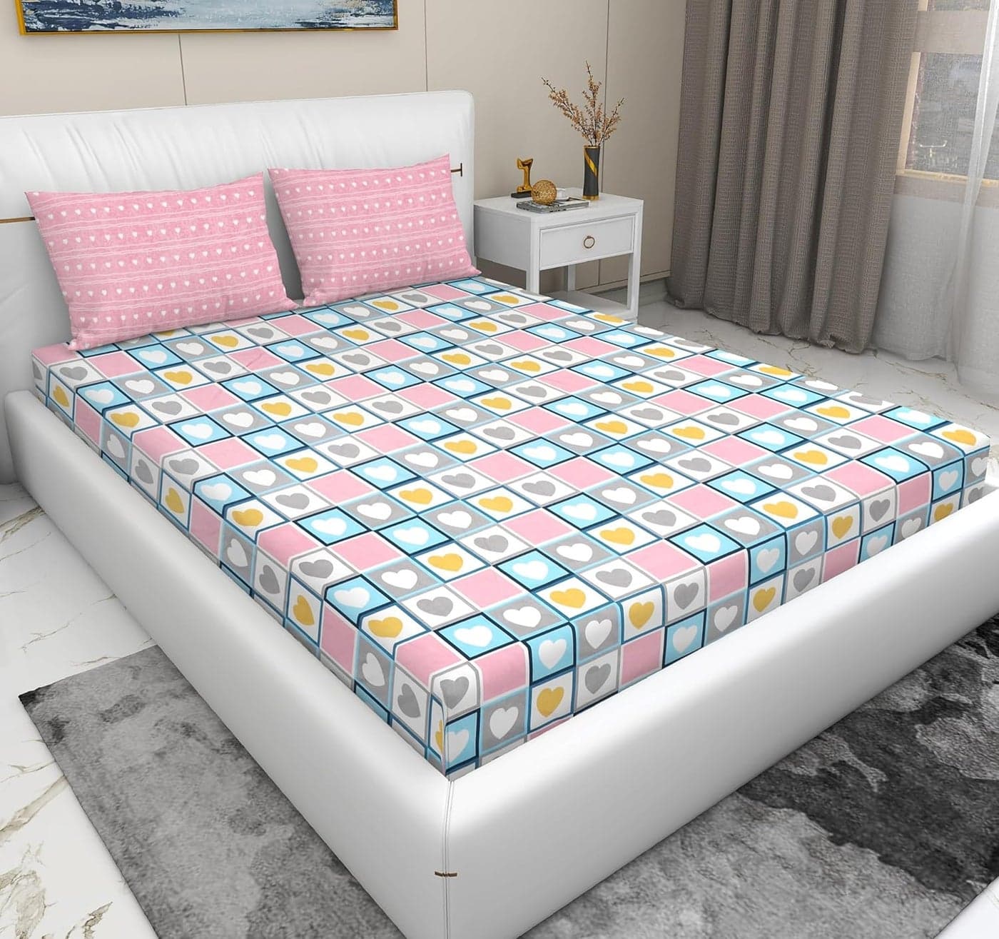 RD TREND Presents Luxurious Supersoft Cotton Feel 210 Tc 100x108 Inch bedsheet for Double Bed King Size with 2 Pillow Covers Size 18x28 Inch ColorPinkWhite Heart