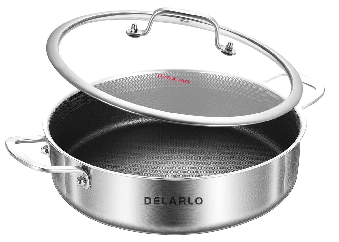 DELARLO TriPly Stainless Steel 10 Inch Deep Frying Pan 3QT Saute Pan With Lid Induction Compatible Chef Cooking Pan with lid Dishwasher Oven Safe
