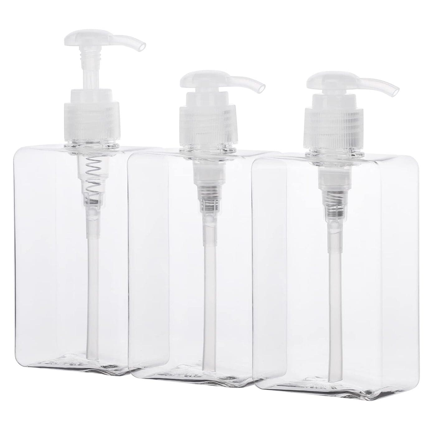Suream Refillable Shampoo and Conditioner Bottles 95oz280ml Clear Plastic Pump Dispensers for Shower Square Empty Bathroom Bottle for Body Wash Essential Oil Soap Liquid Lotion 3Pack