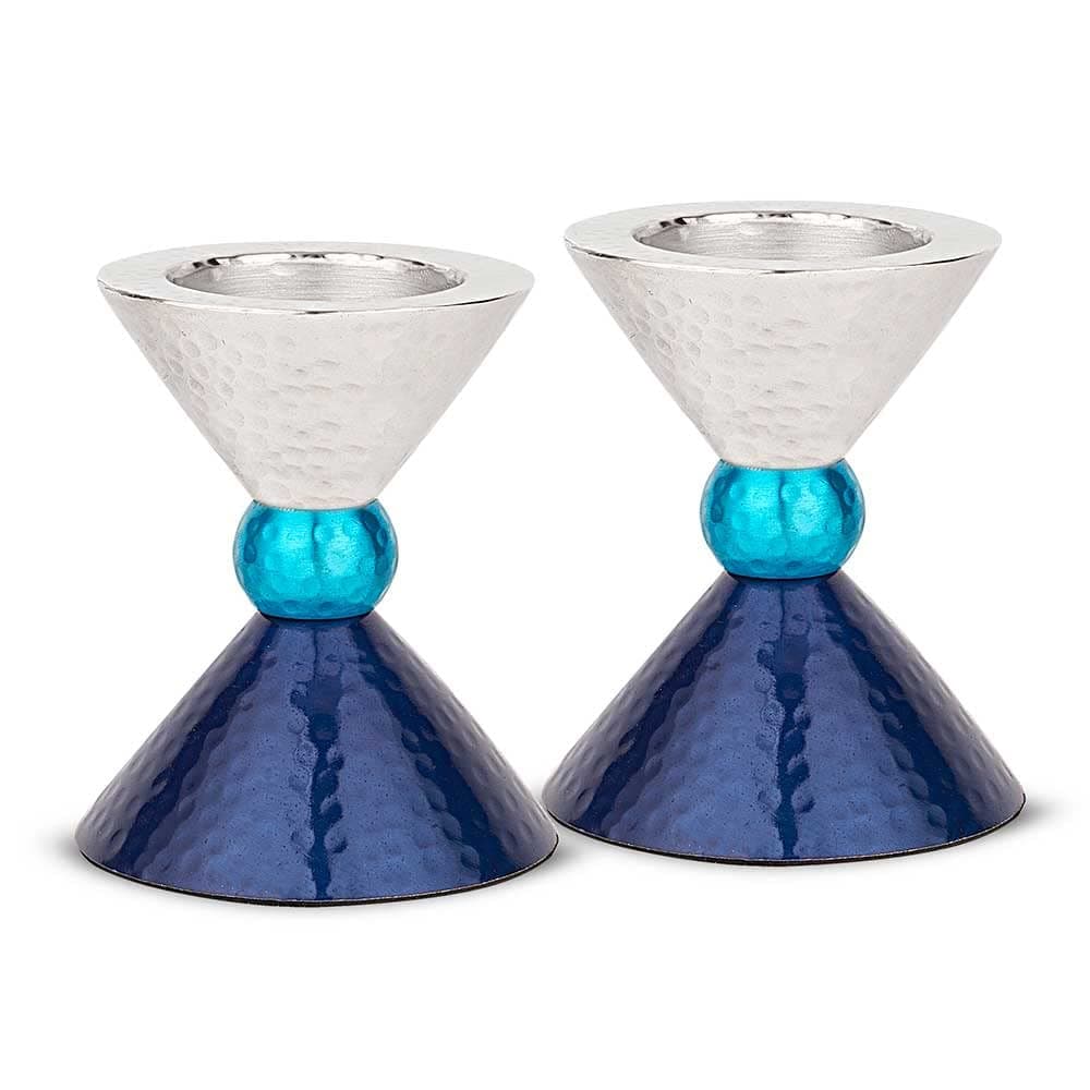 Zion Judaica Modern Tealight Candles or Thick Tapered Shabbat Candlestick Holders Set Anodized Metal Blue Tones Silver Candle Holder for Passover Bat Mitzvah Valentines Day