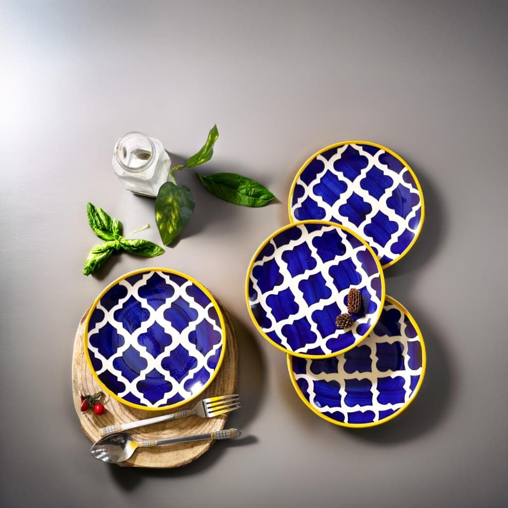 Frizka HandPainted Stoneware Moroccan Premium Ceramic 7inch QuarterSmall Plate Set of 2 Pcs Bone Ash Free Microwave and Dishwasher Safe Blue
