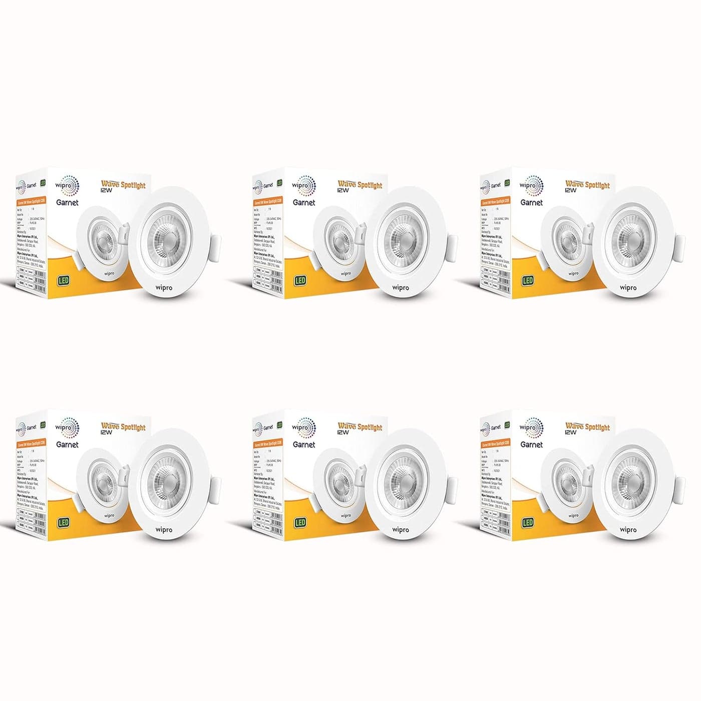 Wipro Garnet 12W Round Led Wave SpotlightCob Spotlight for CeilingCool White Light 6500KAdjustable DesignRecessed Tiltable Downlighter for False CeilingCutout125MmPack of 6