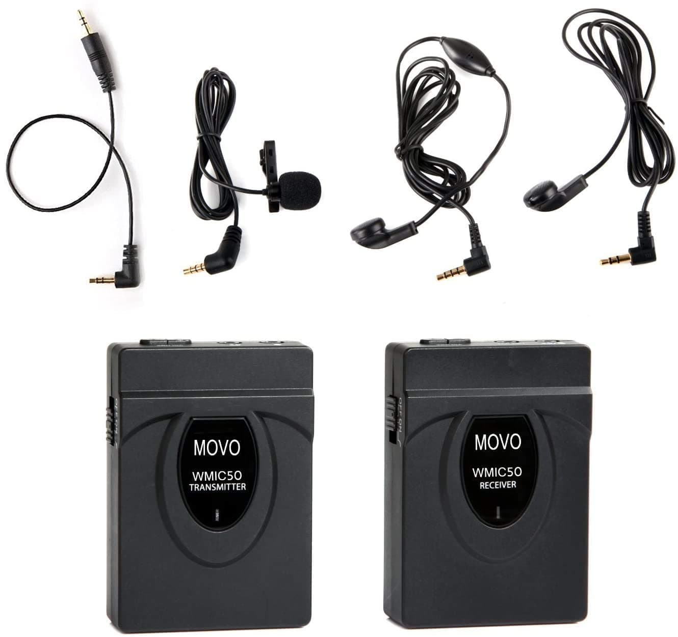 Movo WMIC50 2.4GHz Wireless Lavalier Microphone System with Integrated 164-foot Range Antenna (Includes Transmitter with Belt Clip, Receiver with Camera Shoe, Lapel Mic and 2 Earphones)