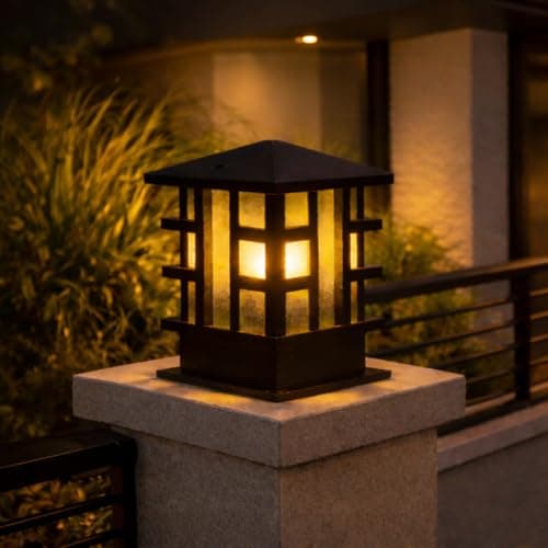 TRIPPING Black Outdoor Gate Pillar Lamp with B22 Holder: Modern Square Lantern Design, Frosted Glass Panels, Warm Ambient Light, Weather Resistant Metal Body, 22cm Height for Boundary Wall