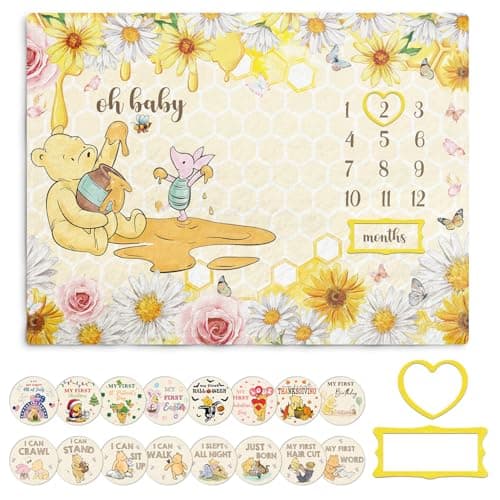 Winnie Baby Milestone Blanket Honey Themed Baby 12 Months Milestone Blanket Winnie Photo Calendar Monthly Growth Chart with 8PCS Doublesided Printed Cardstock Christmas Decoration Photo Gift