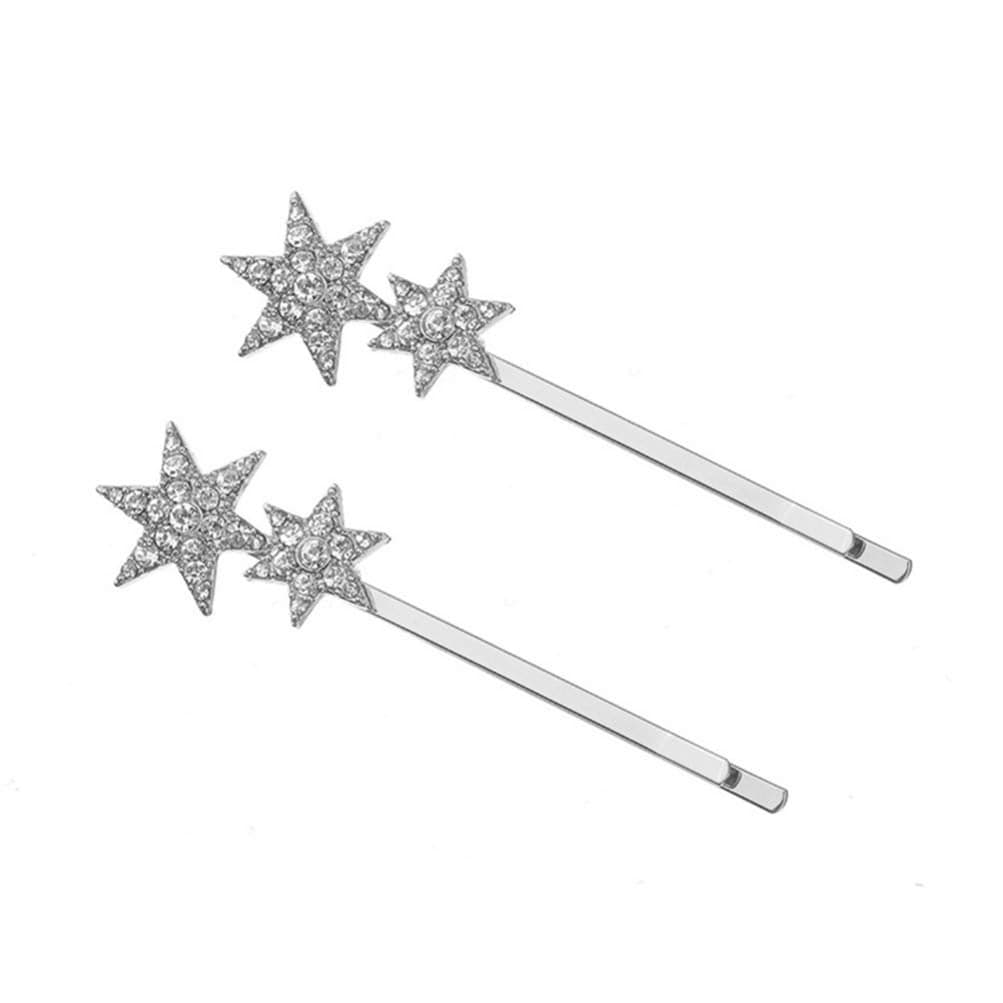 2Pcs Stars Hair Clips Vintage Rhinestone Bobby Pins Geometry Metal Hair Barrettes Crystal Headpiece for Kids Women Girls Silver