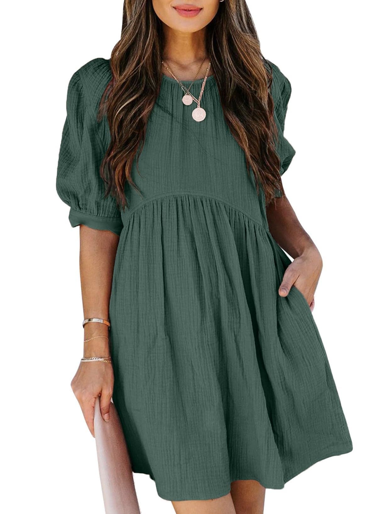 Dokotoo Womens Dress 2025 Summer Cute Tunic Dress Crewneck Puff Sleeve Casual Loose Ruched Babydoll Mini Flowy Dresses with Pockets Green Small