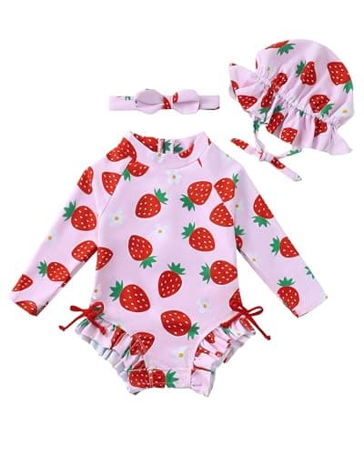 Renotemy Kids Girl Swimsuit 18-24 Months Drawstring Bow Back Zipper Bathing Suit Gifts Toddler Girls 24 Months Pink Ruffle Summer Beach Essentials Long Sleeve One-Piece Rash Guard Swimwear with Hat