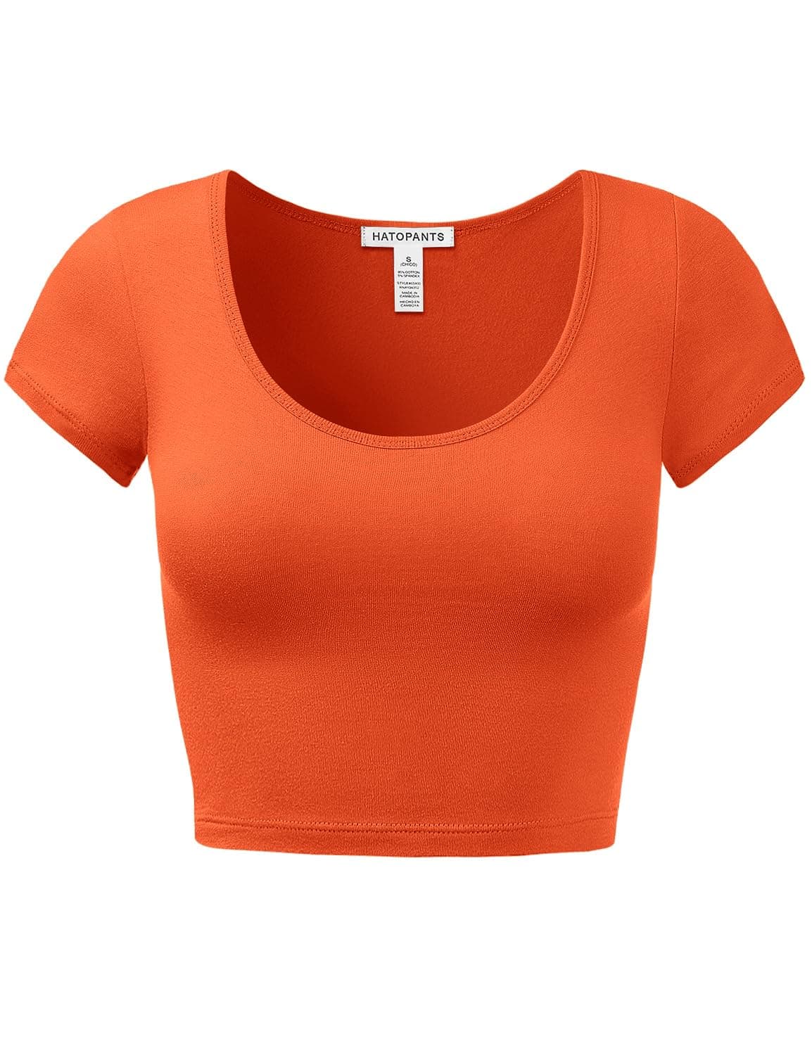 Women's Cotton Crop Tops Short Sleeve Scoop Neck Stretchy Casual Shirt Orange L