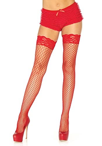 Leg Avenue Womens Stay-Up Lace Top Industrial Fishnet Thigh Highs, Red, O/S