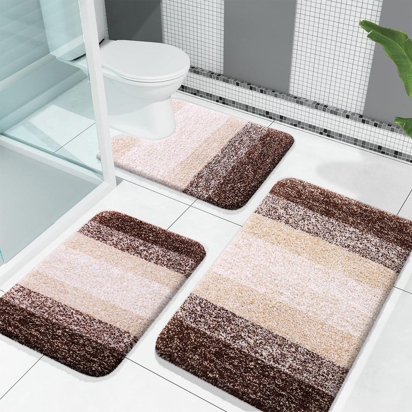 OLANLY Bathroom Rugs Sets 3 Piece Soft Absorbent Microfiber Bath Mats and UShaped Contour Toilet Rug Plush Shaggy Bath Mat Set for Bathroom 30x2024x1624x20 Brown