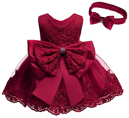 Baby Girl Baptism Christening Gown Dresses Toddler Wedding Bridesmaid Clothes Lace Tutu Dress (Burgundy,12M)