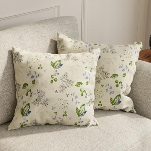 HUESLAND Premium Cotton Cushion Cover 16 inch x 16 inch | Decorative Square Throw Pillow Covers Set for Sofa, Living Room & Bedroom | Set of 2 | Green Leaf Floral