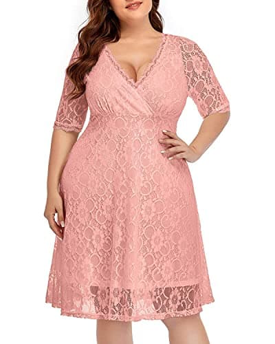 Women's Plus Size Wedding Guest Cocktail Party Semi Formal Lace Wrap V Neck Knee Length Dress Pink Blush Size 22