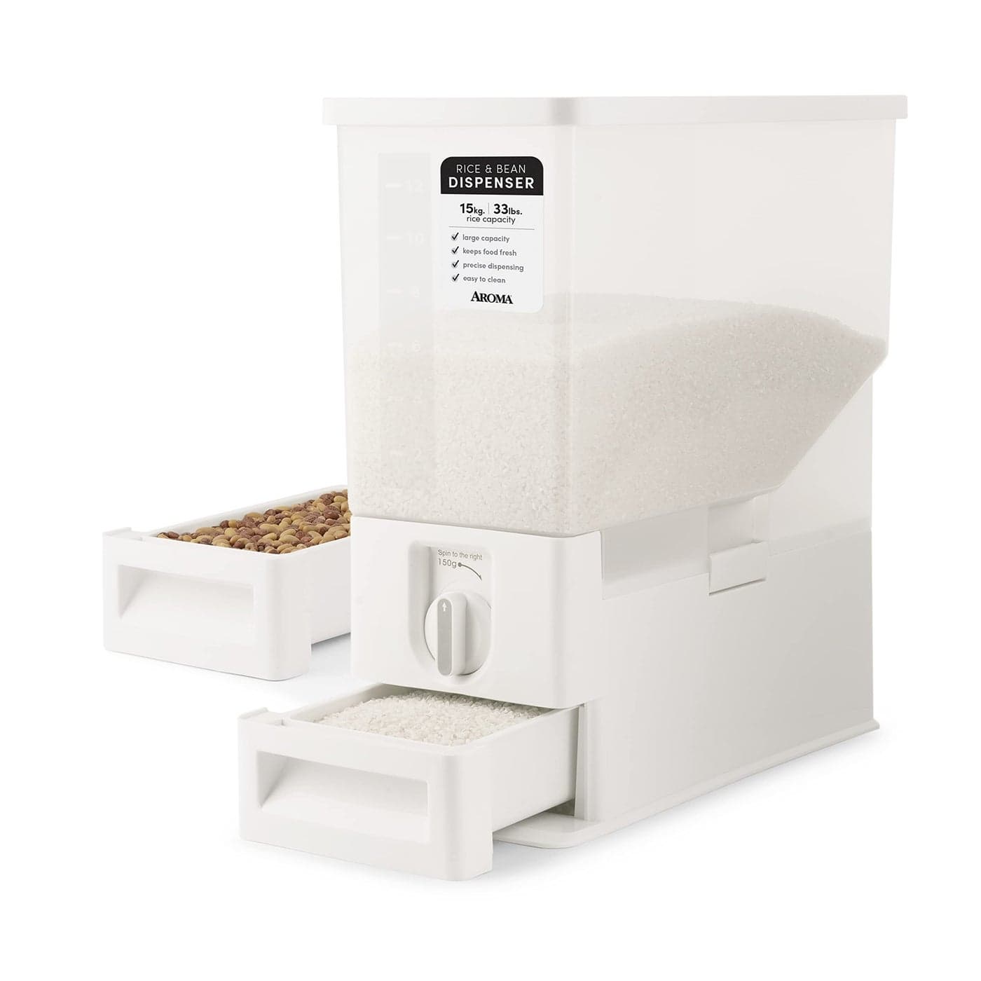 AROMA XL 33Pound Rice Dispenser and Countertop Beans or Grain Storage Bin with Automatic Measuring Funnel ARD133