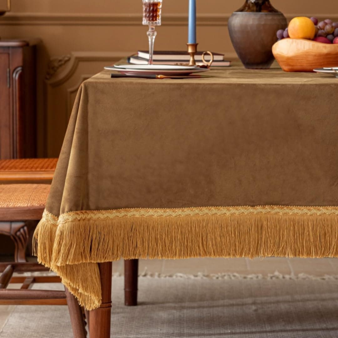 FCHU Luxury Camel Tablecloth Thickset Velvet Tablecloth with Beautiful Gold Tassels Vintage Table Cloth for Home Decor Wedding Party Banquet and Events 60x86Inch