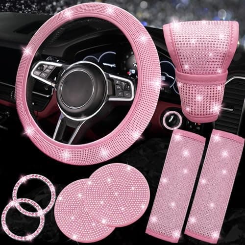 NBTEPEM 8 pcs Pink Bling Car Accessories Set for Women, Steering Wheel Cover, Sparkly Seat Belt Covers, Bling Gear Shift Cover, Universal Fit Most Cars (All Pink Diamond)