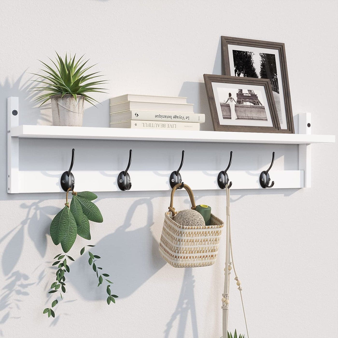 BAMEOS WallMounted Wood Shelf with 5 Dual Hooks for Bathroom Living Room Bedroom Whitewith Shelf