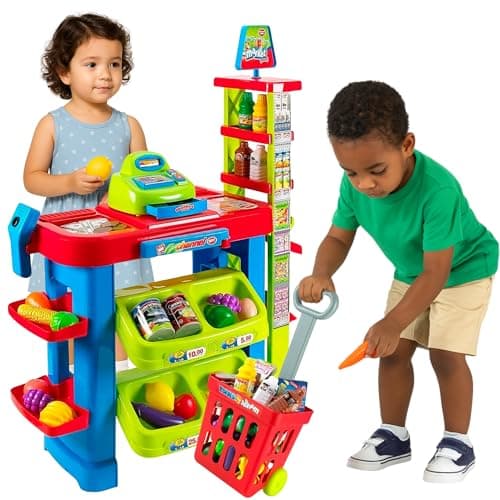 OLEOCA Supermarket Playset for Kids Grocery Store Pretend Play with Toy Shopping Cart Cash Register Scanner Play Food Accessories Fun Gift for Ages 3