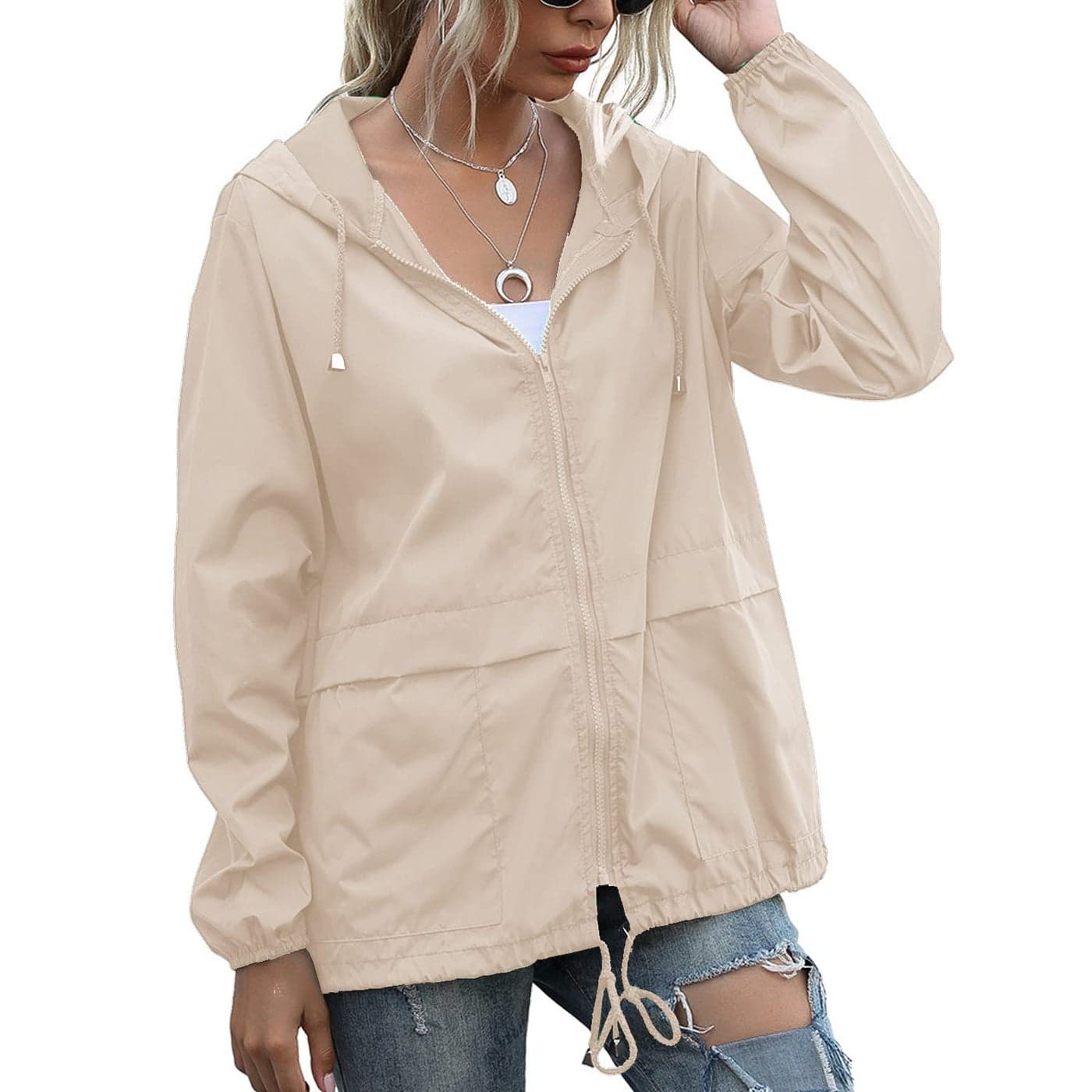 PESION Womens Windbreaker Waterproof Hooded Rain Jacket Lightweight Outdoor Fashionable Khaki Jacket Zip Coat Outerwear Raincoat with Pockets for Mountaineering Hiking Fish Travel Large
