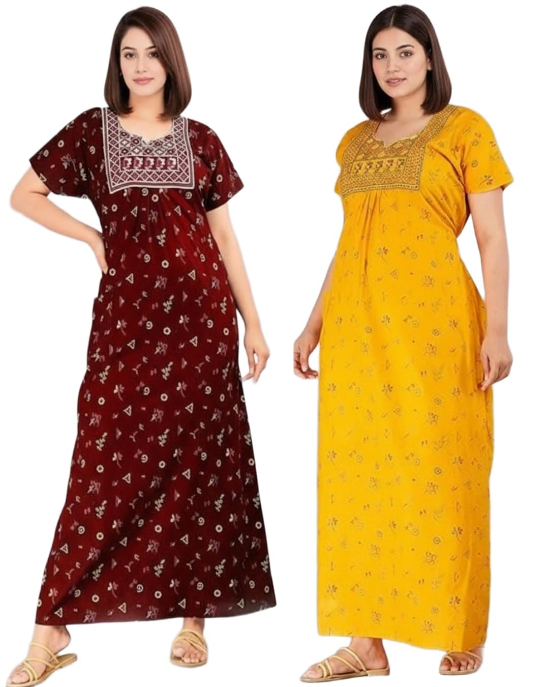 XAKALAKA Women’s Cotton Jaipuri Nighty Gown – Pack of 2 Rajasthani Print Maxi Night Dress with Pocket – Soft & Comfortable Ladies Sleepwear & Loungewear (Red,Yellow, Free Size)