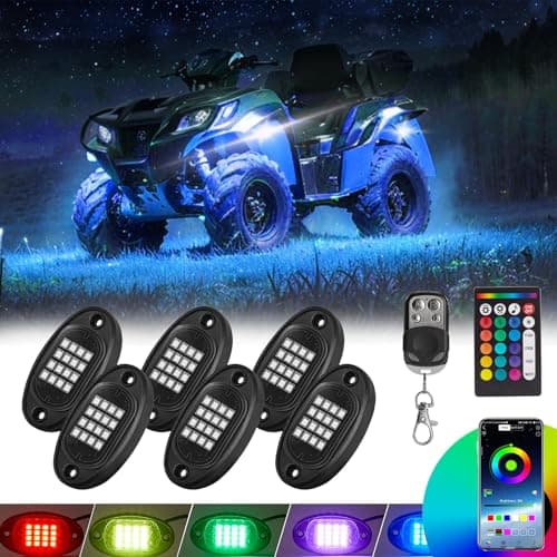 6 Pods RGB LED Rock Lights for UTV ATV Golf Cart Truck RZR Offroad Pickup SUV, Waterproof Multicolor Underglow Kit for Cars with APP Music Mode, Vehicle Underbody Light Underneath Accent 12-18V
