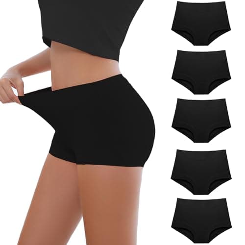 Migbean Cotton Boy Shorts Underwear Plus Boy Shorts Soft Biker Short Panties for Ladies Underwear 5 Packs Black