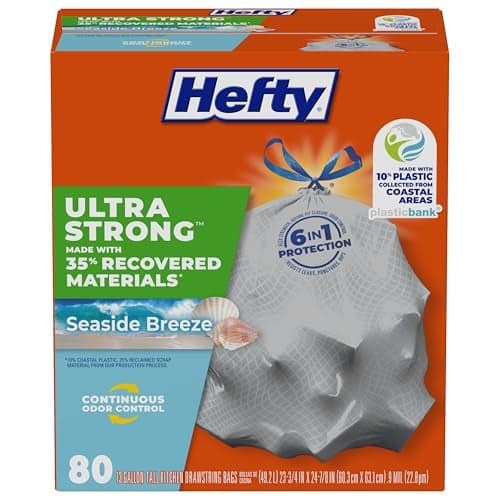 Hefty Ultra Strong 13 Gallon Trash Bags, Tall Kitchen Trash Bags Made with Recovered Materials, Including Coastal Plastic, Drawstring, Resists Leaks and Punctures, Gray, Seaside Breeze Scent, 80 Bags