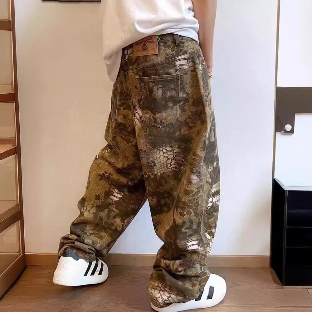 Waste Soil Style Snake Pattern Camouflage Pants American Style Retro Style Pants Vintage Loose Wide Leg Pants Men'S Fashion Leopard Print Pants