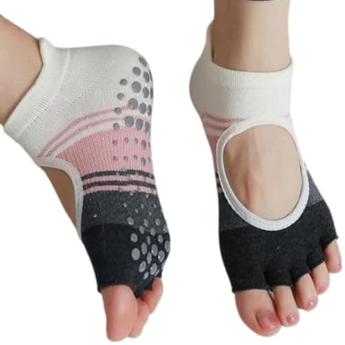 XFyt Anti-Slip Open Toe Yoga Ankle Length Socks for Women | Breathable Silver Ion Microbial Odour-Free Cotton Spandex Socks | Skid-Resistant for Home Workout Dance Pilates (Pink)