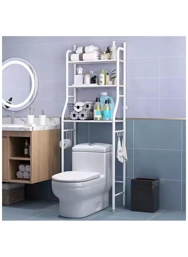 3-Tier Over-the-Toilet Storage Rack – Space-Saving Metal Bathroom Organizer Shelf with Paper Holder & 4 Hooks | Vertical Freestanding Toilet Rack for Towels, Toiletries & Supplies – White