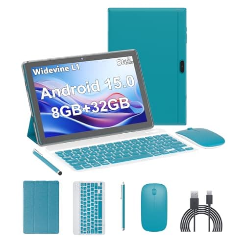 Android 15 Tablet10 inch Tablets 8GB RAM32GB ROM2TB Expandable 2 in 1 Tablets with Keyboard Case 1280x800 IPS Display Screen 5G WiFi6 Dual Camera 6000mAh Battery BT5 Widevine L1 Green