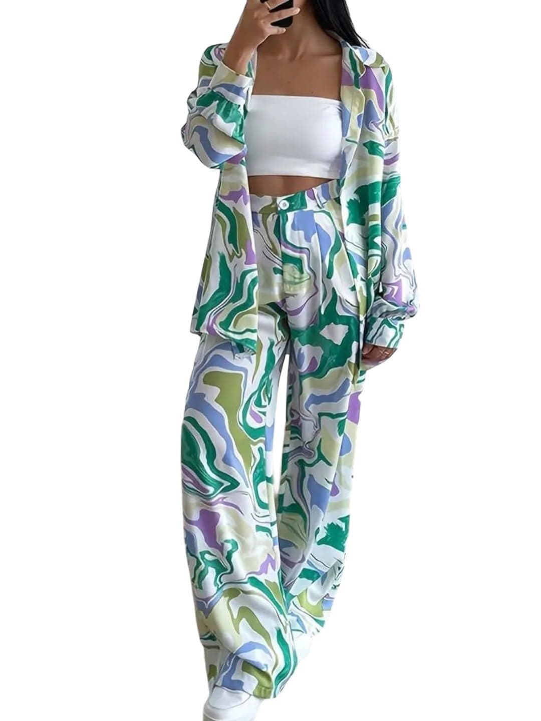 Gufrina Women's Polyester Co-Ord Set with Button-Up Top & Wide Leg Pant 3/4th Sleeves Collar Neck Printed Pattern Regular Fit and Standard Length