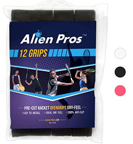 ALIEN PROS Tennis Racket Grip Tape (12 Grips) - Precut and Dry Feel Tennis Grip - Tennis Overgrip Grip Tape Tennis Racket - Wrap Your Racquet for High Performance (12 Grips, Black)